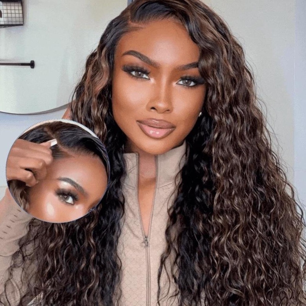 Natural Deep Wave Human Hair Wig - Brown Balayage